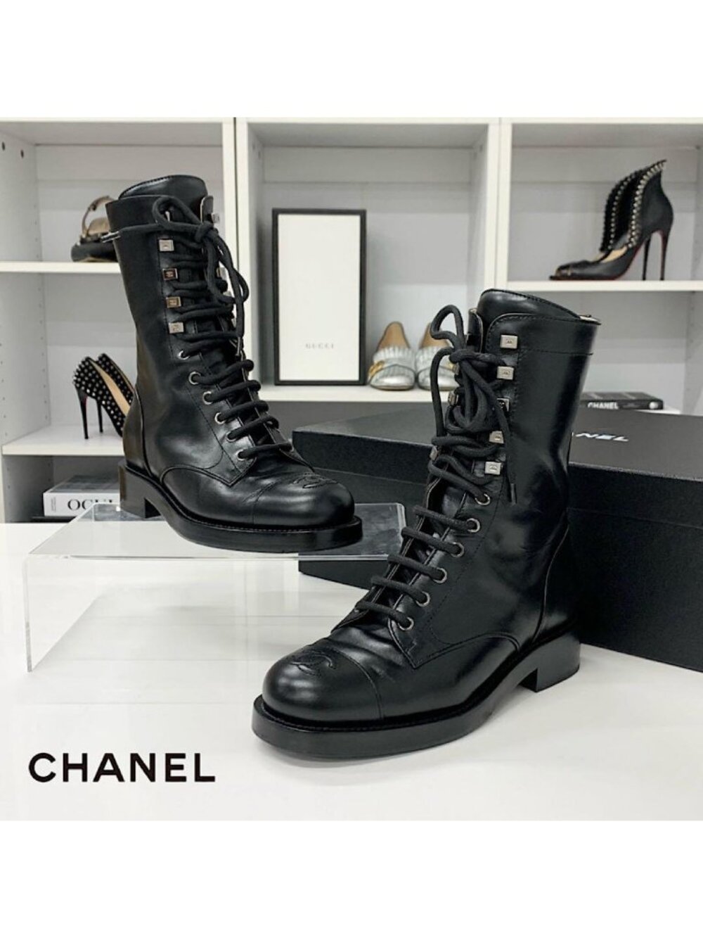 Chanel CC Logo Leather Lace-up Short Boots Black